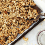 Pan with homemade, lightly browned and crunchy granola